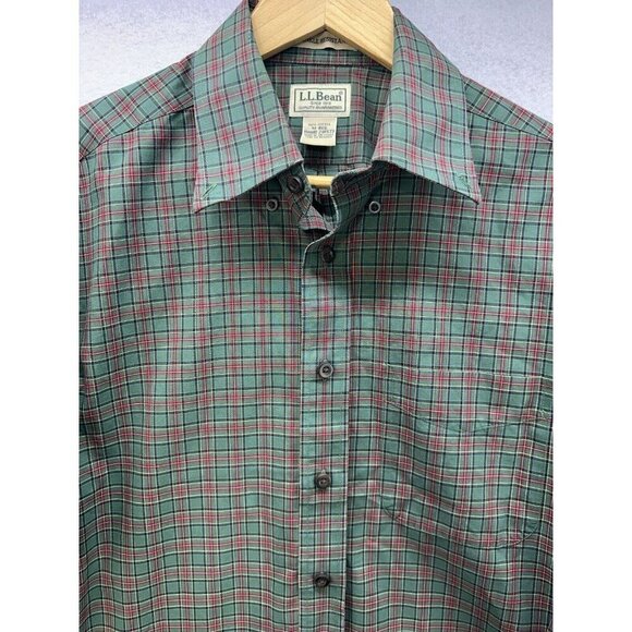 LL Bean Wrinkle Resistant Plaid Shirt Medium Green Cabin Dress Casual Holiday - Picture 2 of 5
